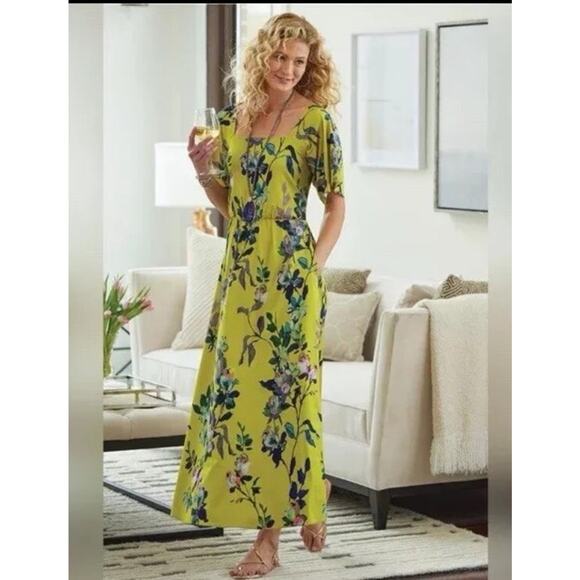 Soft Surroundings Maxi Dress Size XL Maise Yellow Floral Flutter Sleeve NWOT - Picture 1 of 8
